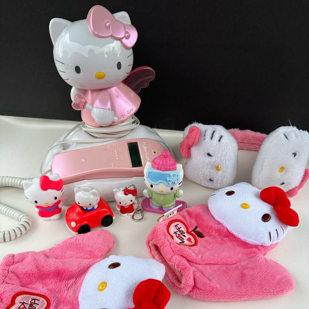 HELLO KITTY Bundle, 8 pc Lot; Angel In Cloud Phone, Figures, Ear Muffs & Mittens